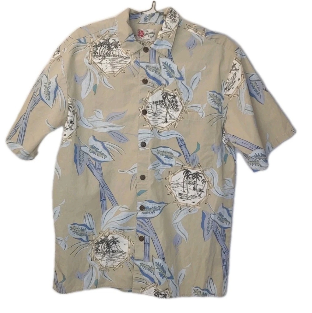 Hilo Hatties Hawaiian Shirt Tiki Tropical Block Art Beach Hawaii Vtg USA Large
